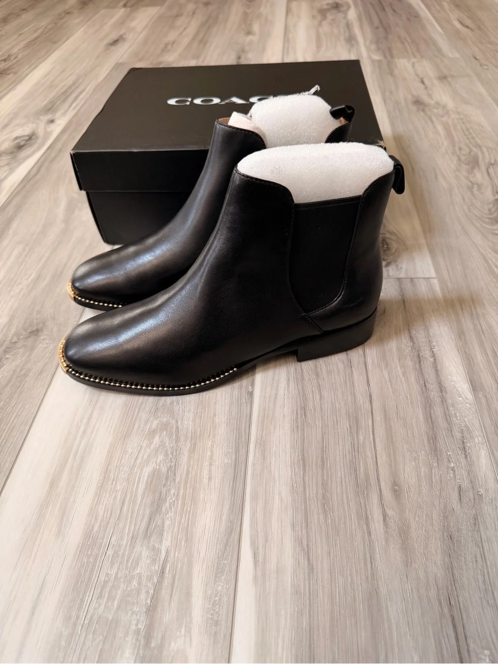 Coach Nichole Leather Chelsea Booties Black Gold Toe 9.5B NIB G5361